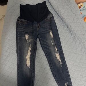 The S.O.N.G. Jeans Women's Large Blue Maternity Distressed Full Panel Skinny is